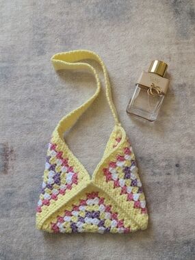 Handmade Yellow Crochet Shoulder Bag with Pastel Accents